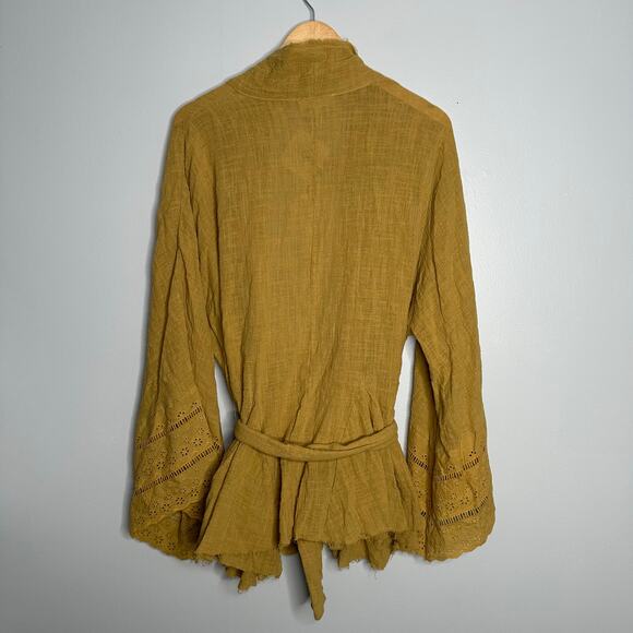 Kye Mi Women’s Mustard Cotton Tie Waist Bell Crochet Sleeved Cover Up Size M NWT - Picture 8 of 8
